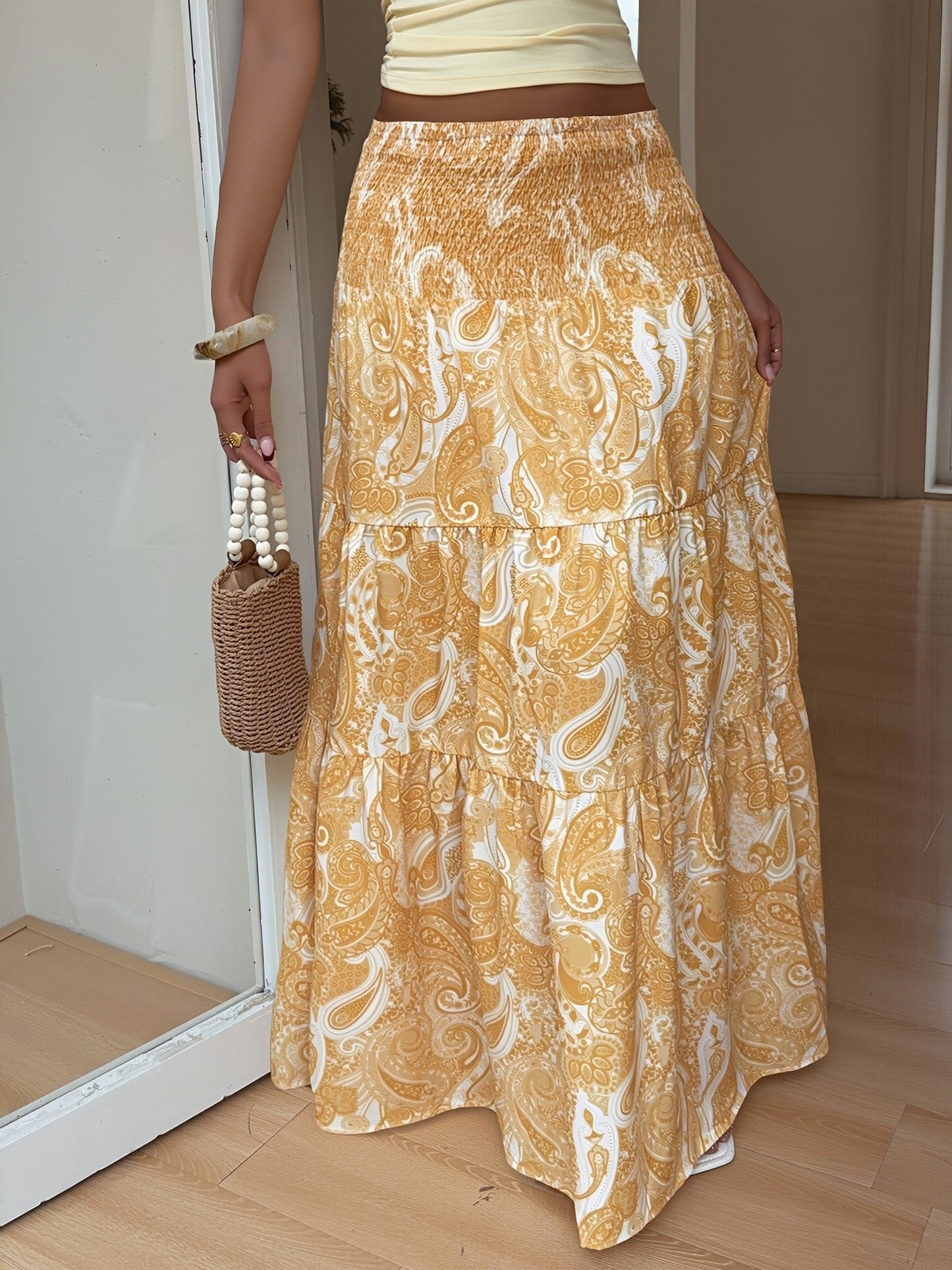 Boho Paisley Smocked Tiered A-Line Skirt
