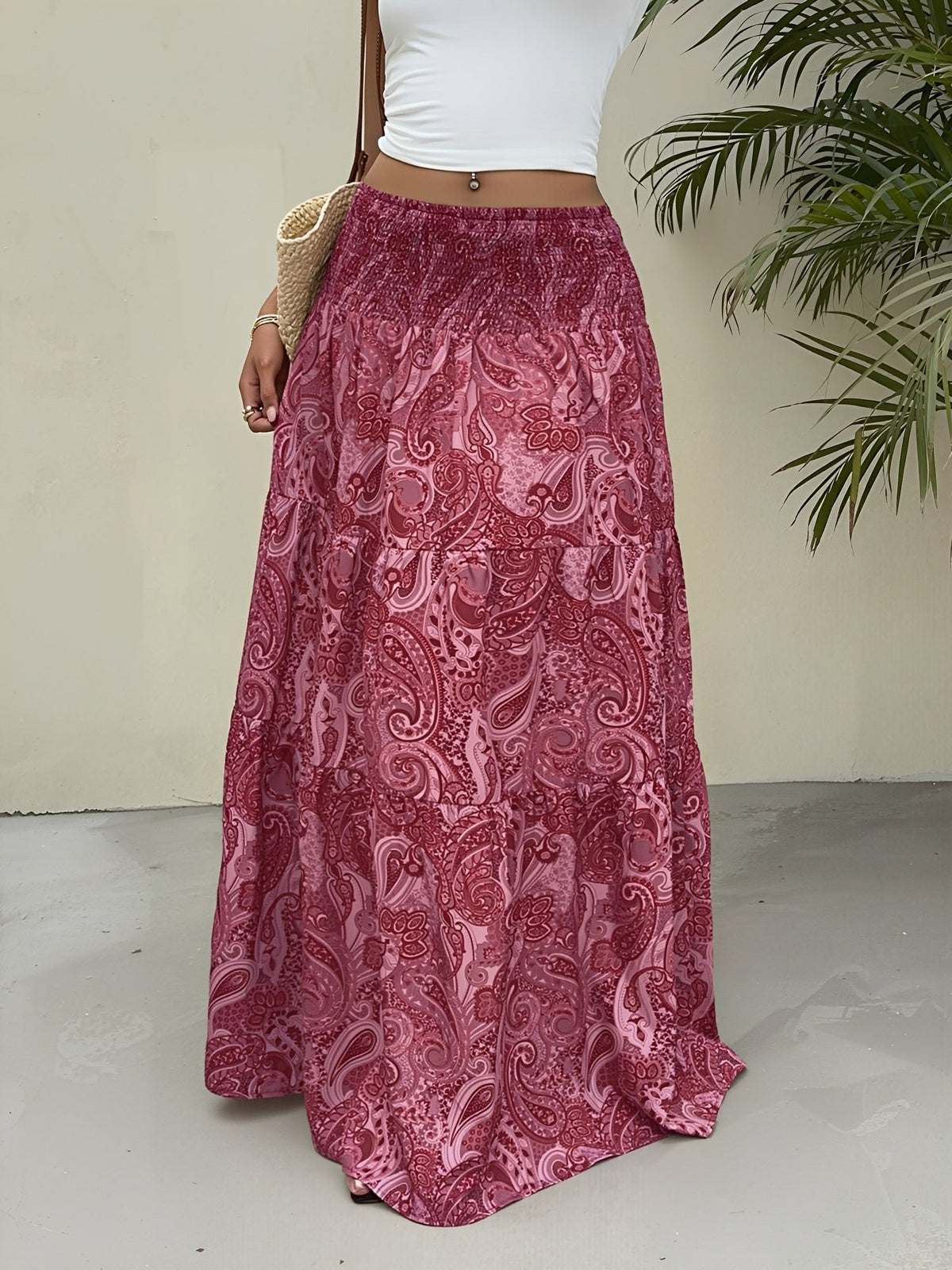 Boho Paisley Smocked Tiered A-Line Skirt