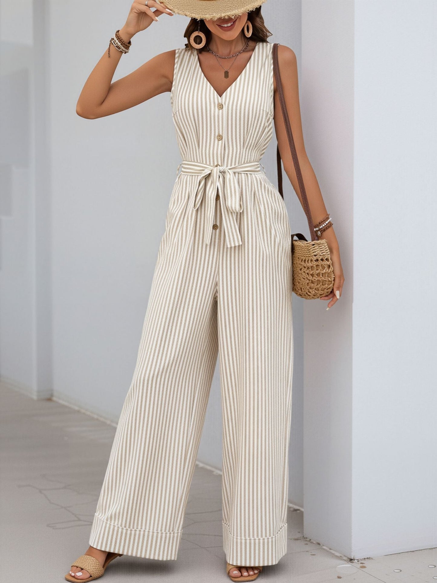 Casual Sleeveless Striped Tie Waist Wide Legs Jumpsuit