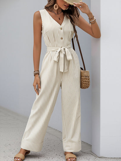 Casual Sleeveless Striped Tie Waist Wide Legs Jumpsuit