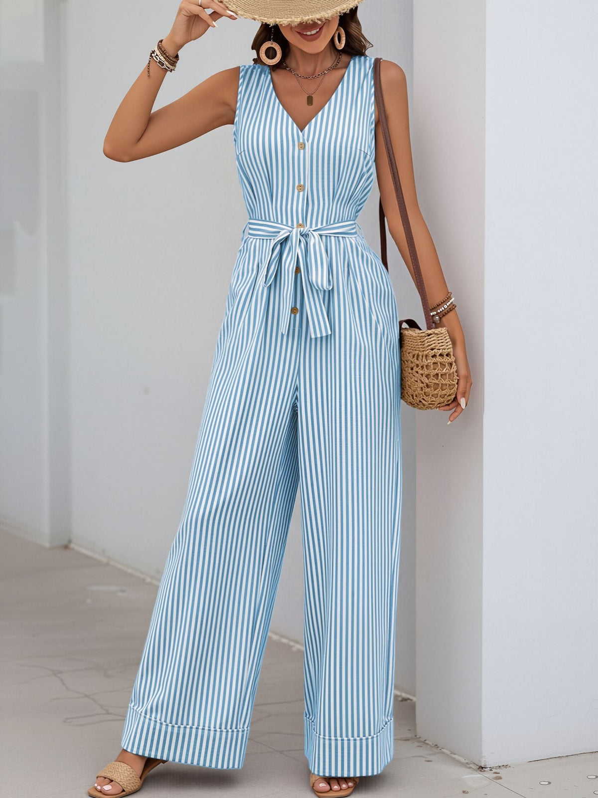 Casual Sleeveless Striped Tie Waist Wide Legs Jumpsuit