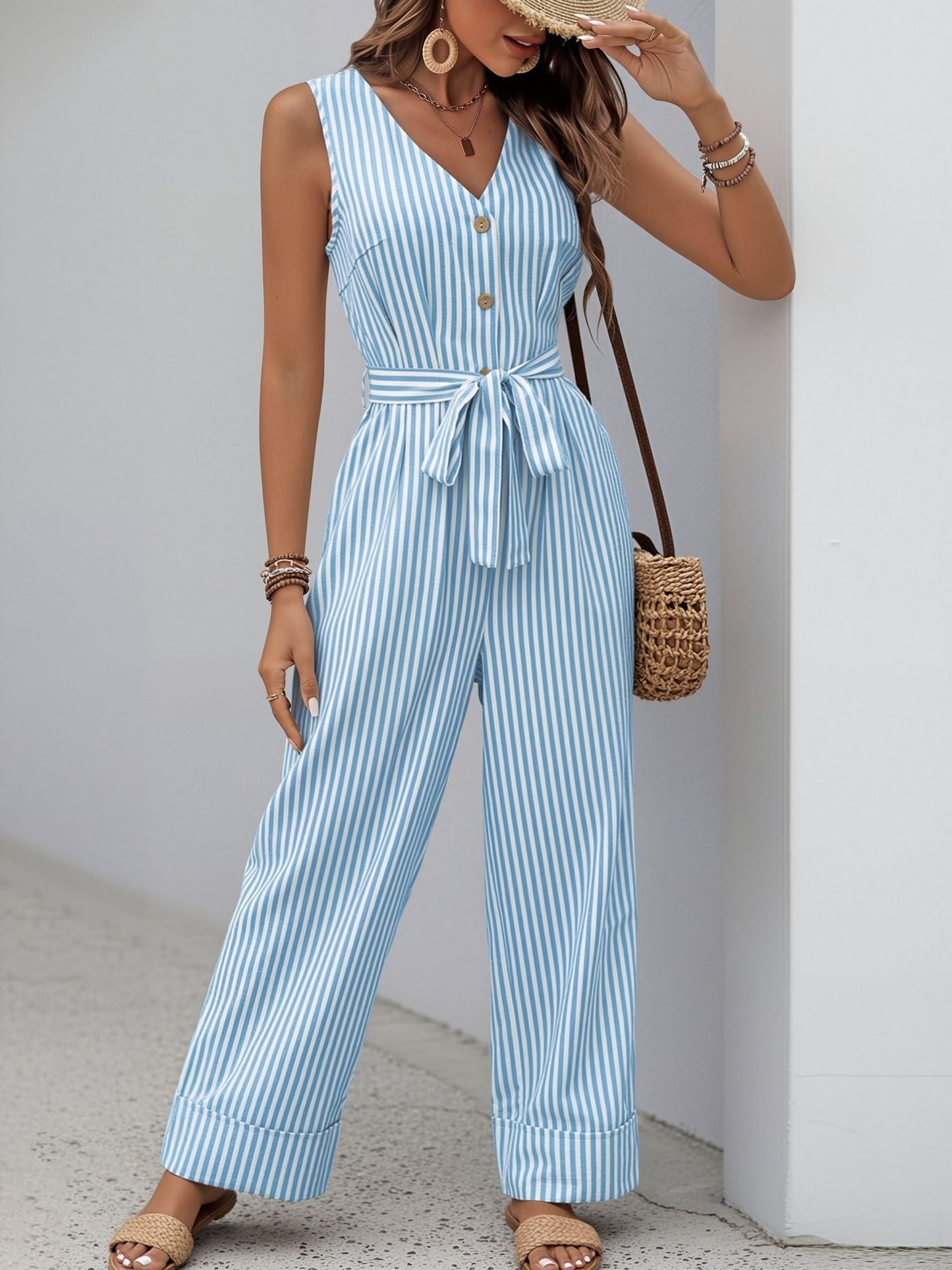 Casual Sleeveless Striped Tie Waist Wide Legs Jumpsuit