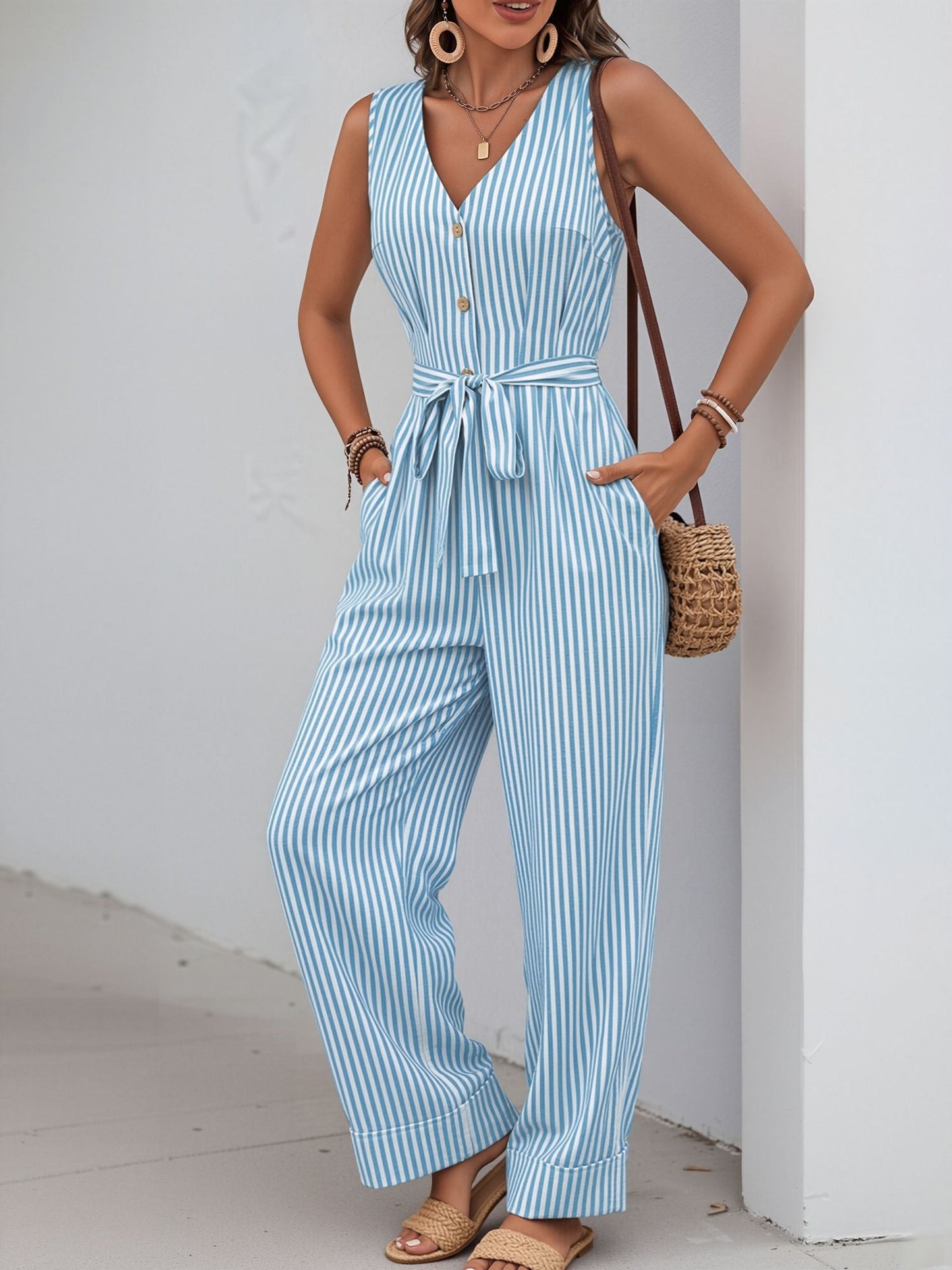 Casual Sleeveless Striped Tie Waist Wide Legs Jumpsuit