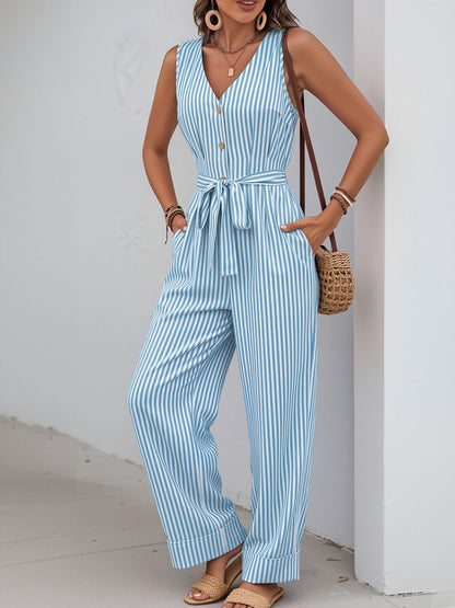 Casual Sleeveless Striped Tie Waist Wide Legs Jumpsuit