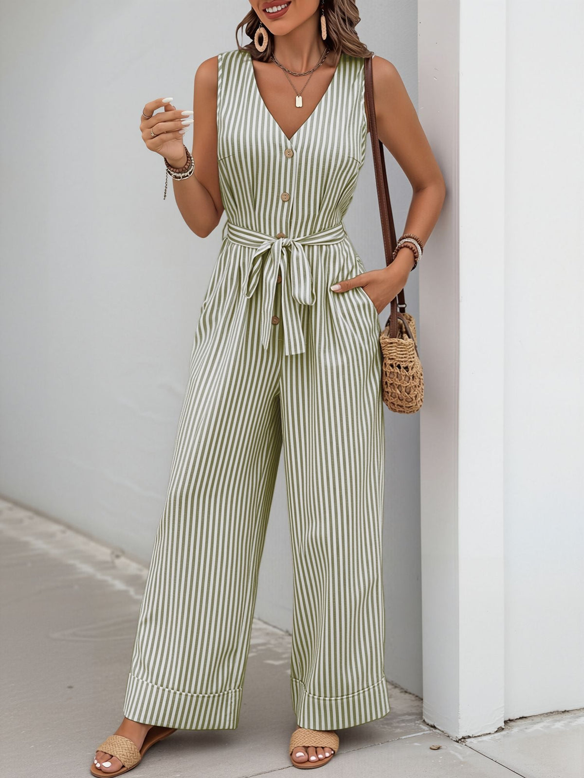 Casual Sleeveless Striped Tie Waist Wide Legs Jumpsuit