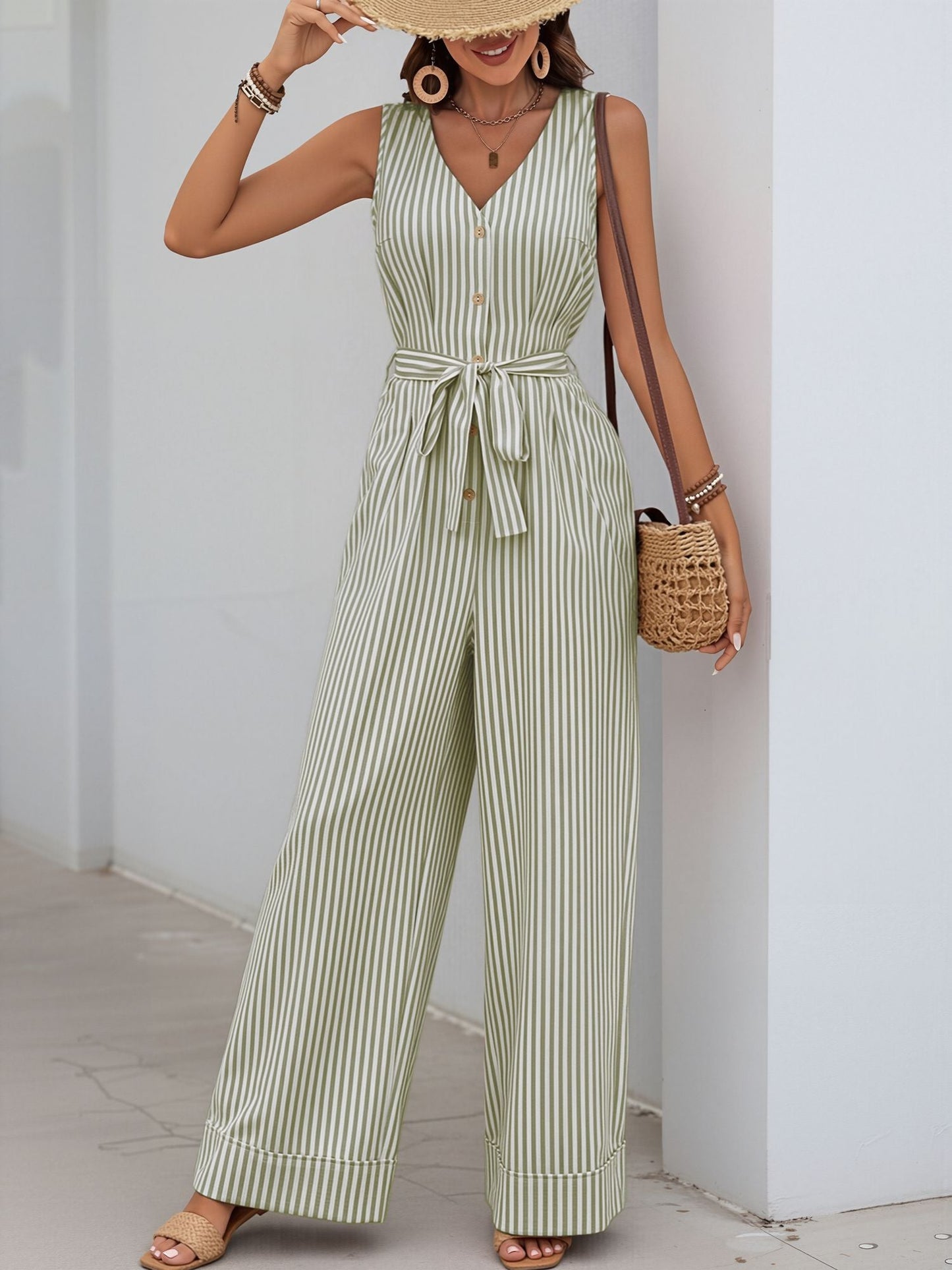 Casual Sleeveless Striped Tie Waist Wide Legs Jumpsuit