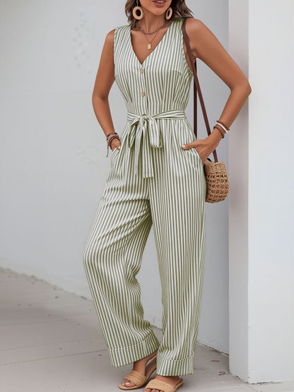 Casual Sleeveless Striped Tie Waist Wide Legs Jumpsuit