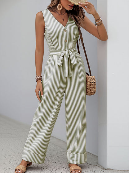 Casual Sleeveless Striped Tie Waist Wide Legs Jumpsuit