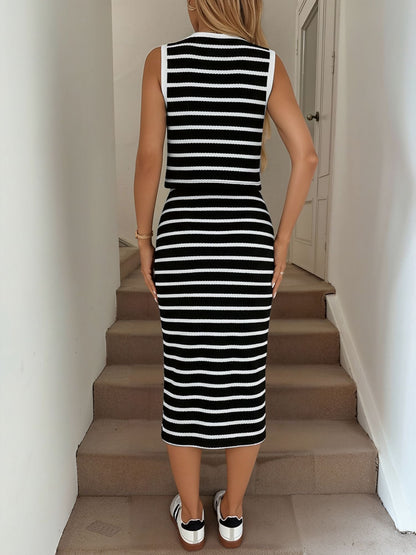 2 Pieces Striped Sleeveless Button Down Top & Slit Midi Skirt Matching Set