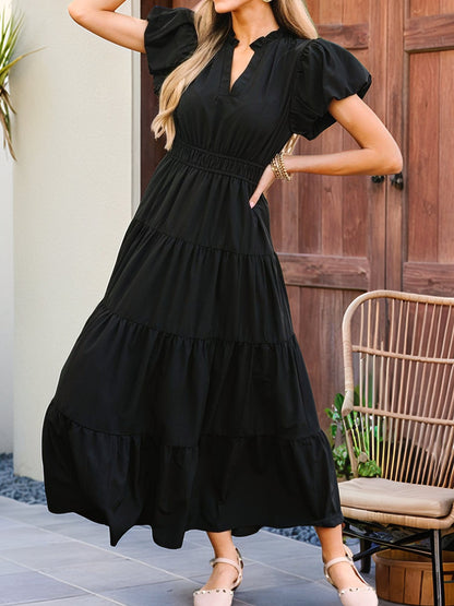 Notch Neck Puff Sleeve Tiered Maxi Dress