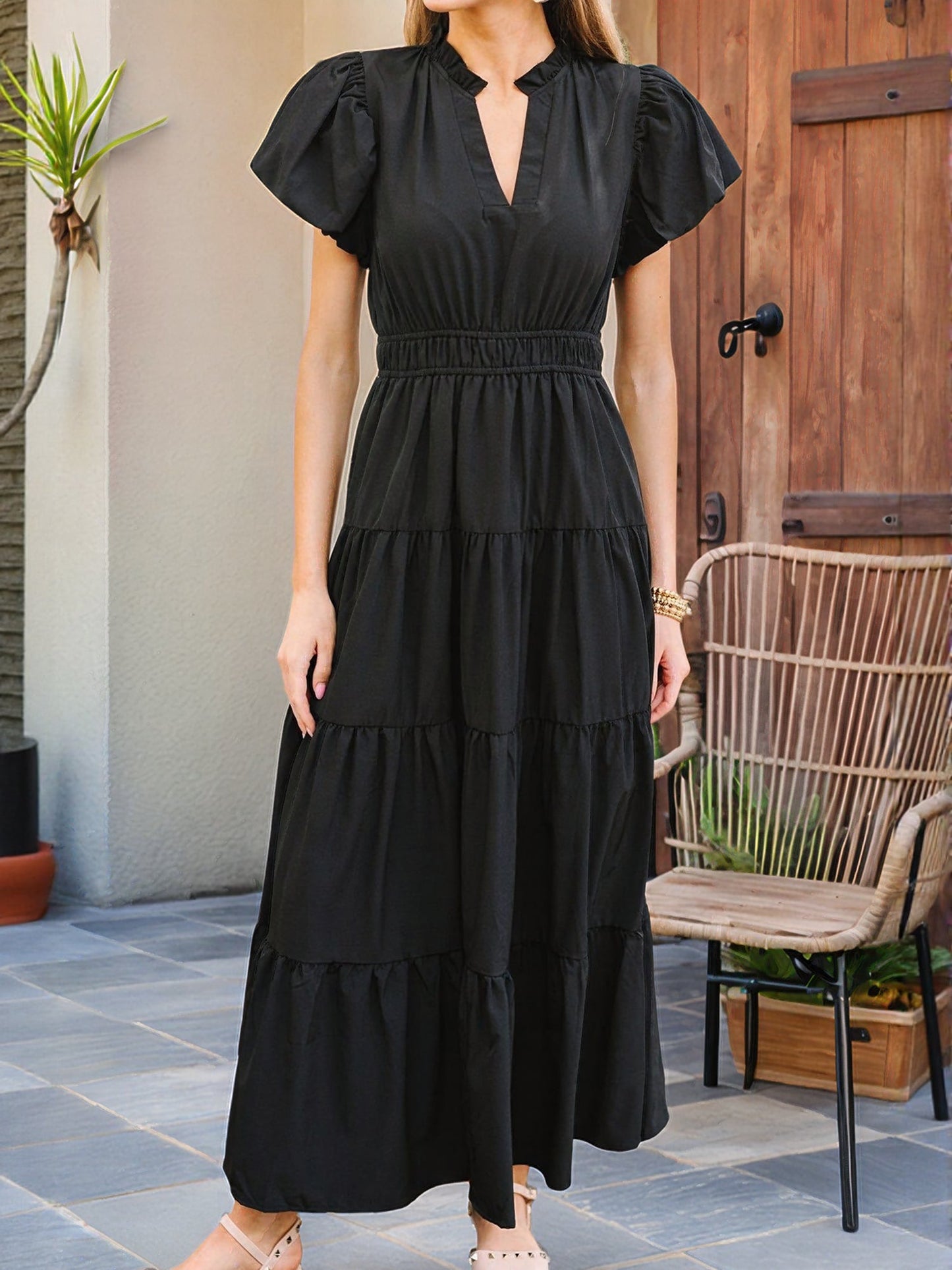 Notch Neck Puff Sleeve Tiered Maxi Dress