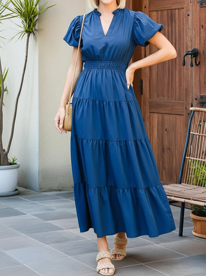 Notch Neck Puff Sleeve Tiered Maxi Dress