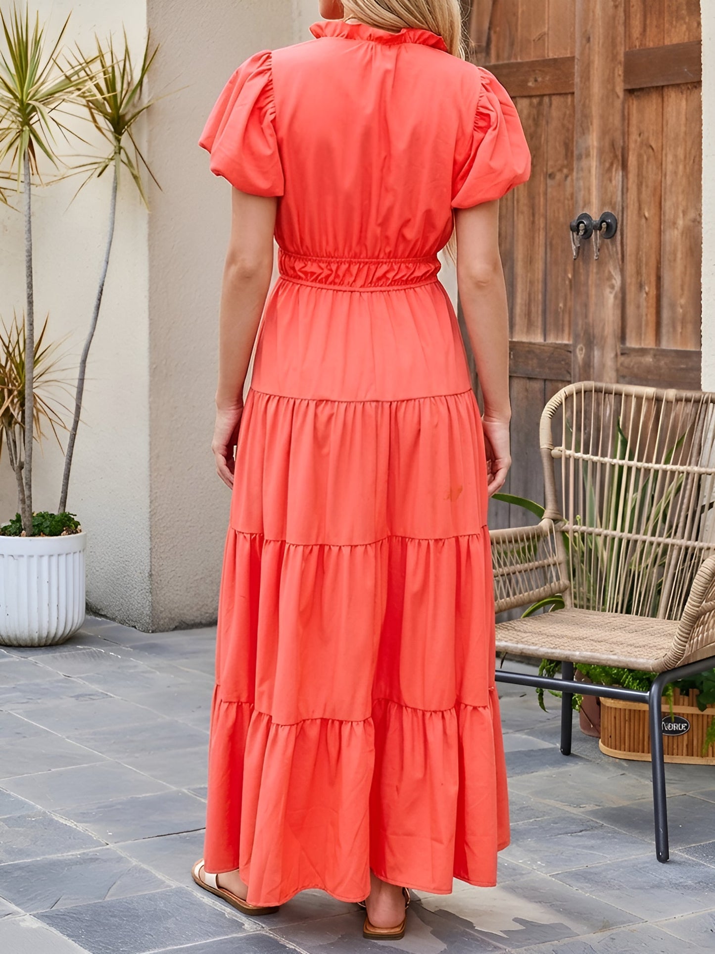Notch Neck Puff Sleeve Tiered Maxi Dress