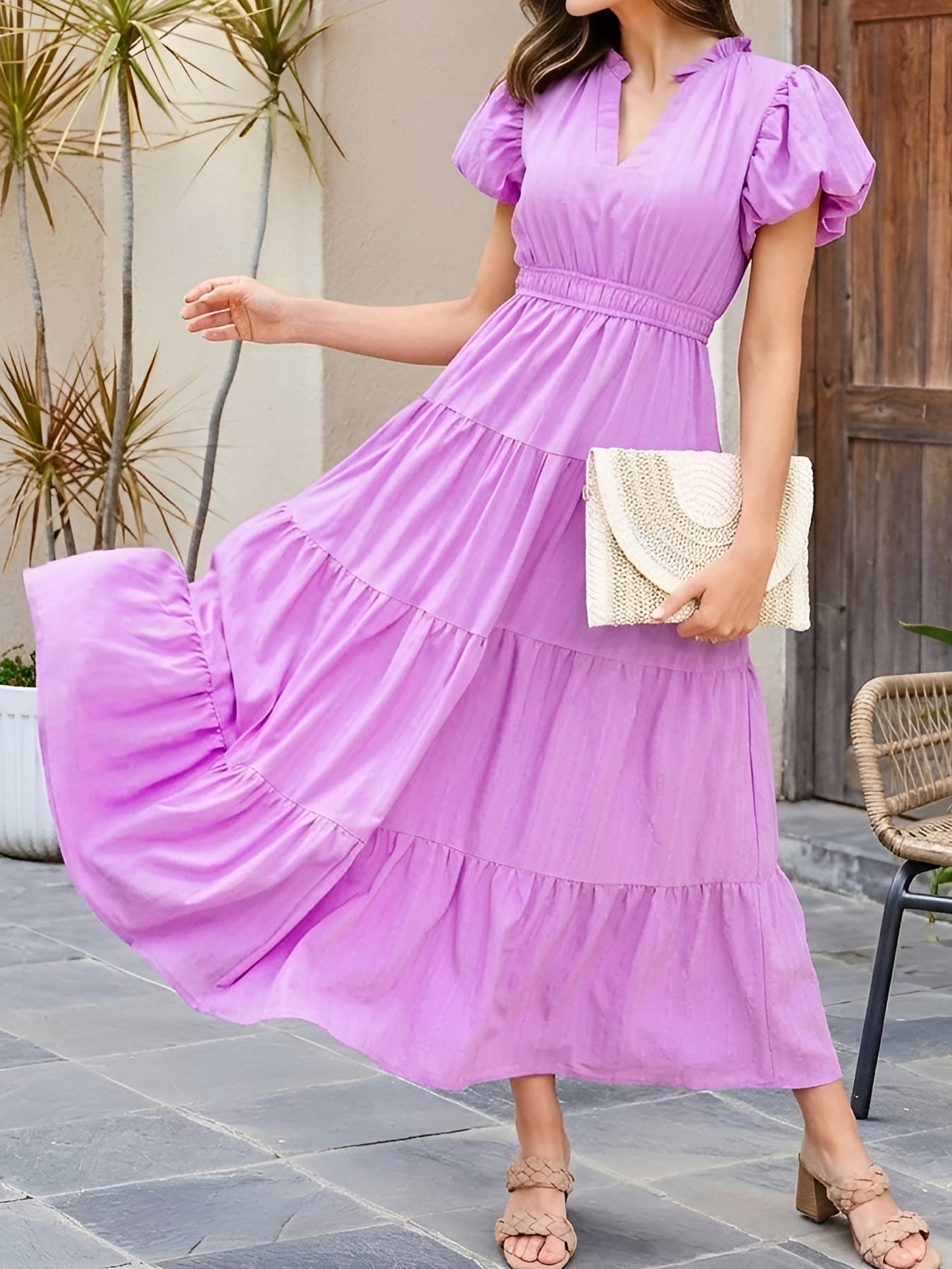 Notch Neck Puff Sleeve Tiered Maxi Dress