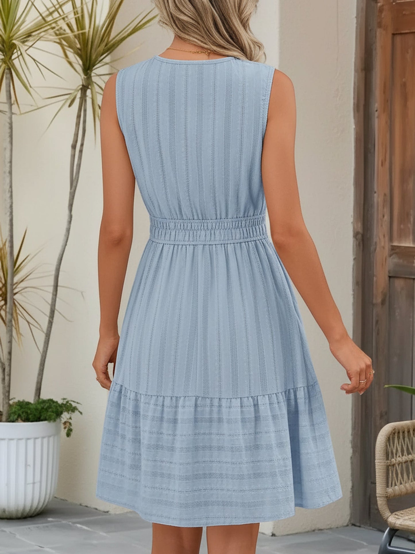 Cotton Notch Neck Sleeveless Smocked Above Knee Length A-Line Dress