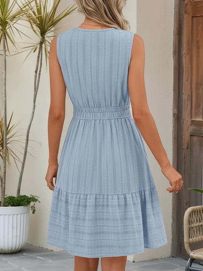 Cotton Notch Neck Sleeveless Smocked Above Knee Length A-Line Dress