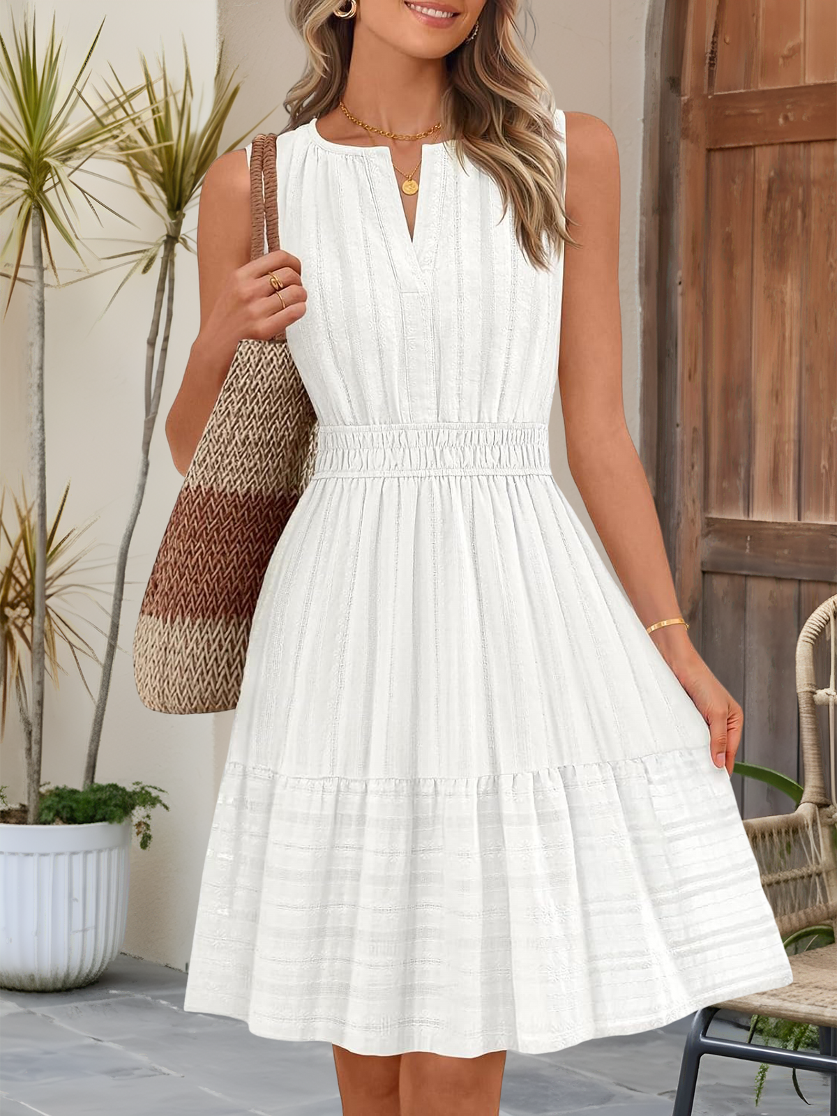Cotton Notch Neck Sleeveless Smocked Above Knee Length A-Line Dress