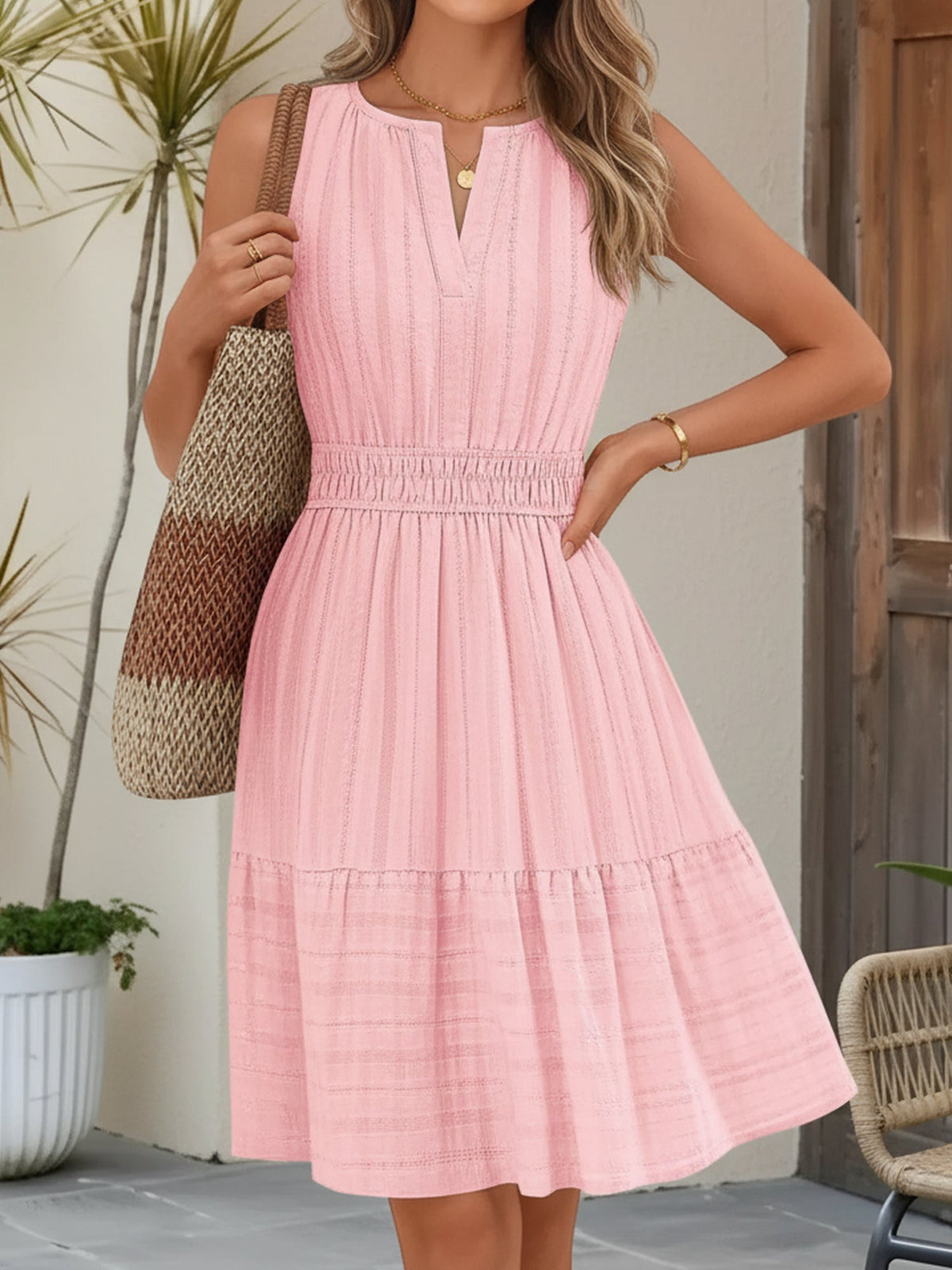 Cotton Notch Neck Sleeveless Smocked Above Knee Length A-Line Dress