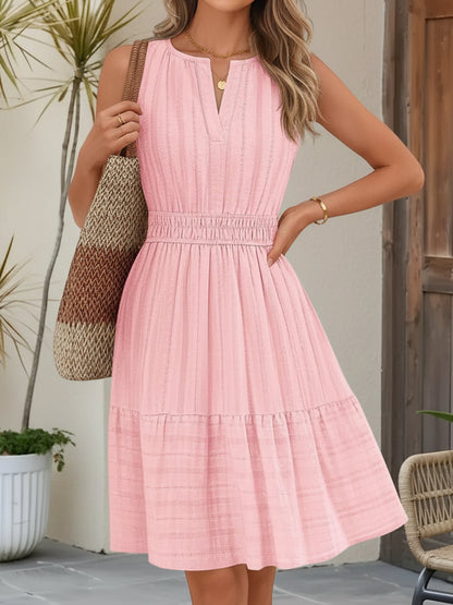 Cotton Notch Neck Sleeveless Smocked Above Knee Length A-Line Dress