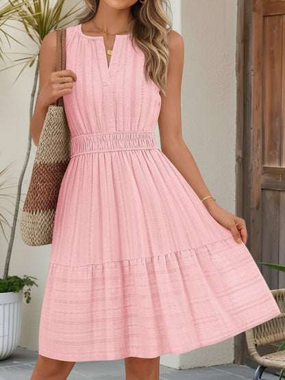 Cotton Notch Neck Sleeveless Smocked Above Knee Length A-Line Dress