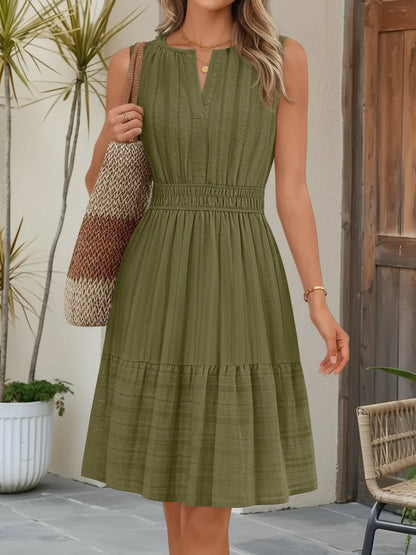 Cotton Notch Neck Sleeveless Smocked Above Knee Length A-Line Dress