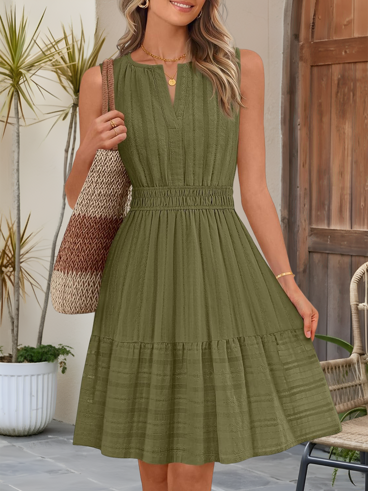 Cotton Notch Neck Sleeveless Smocked Above Knee Length A-Line Dress