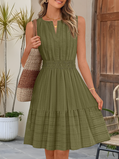 Cotton Notch Neck Sleeveless Smocked Above Knee Length A-Line Dress