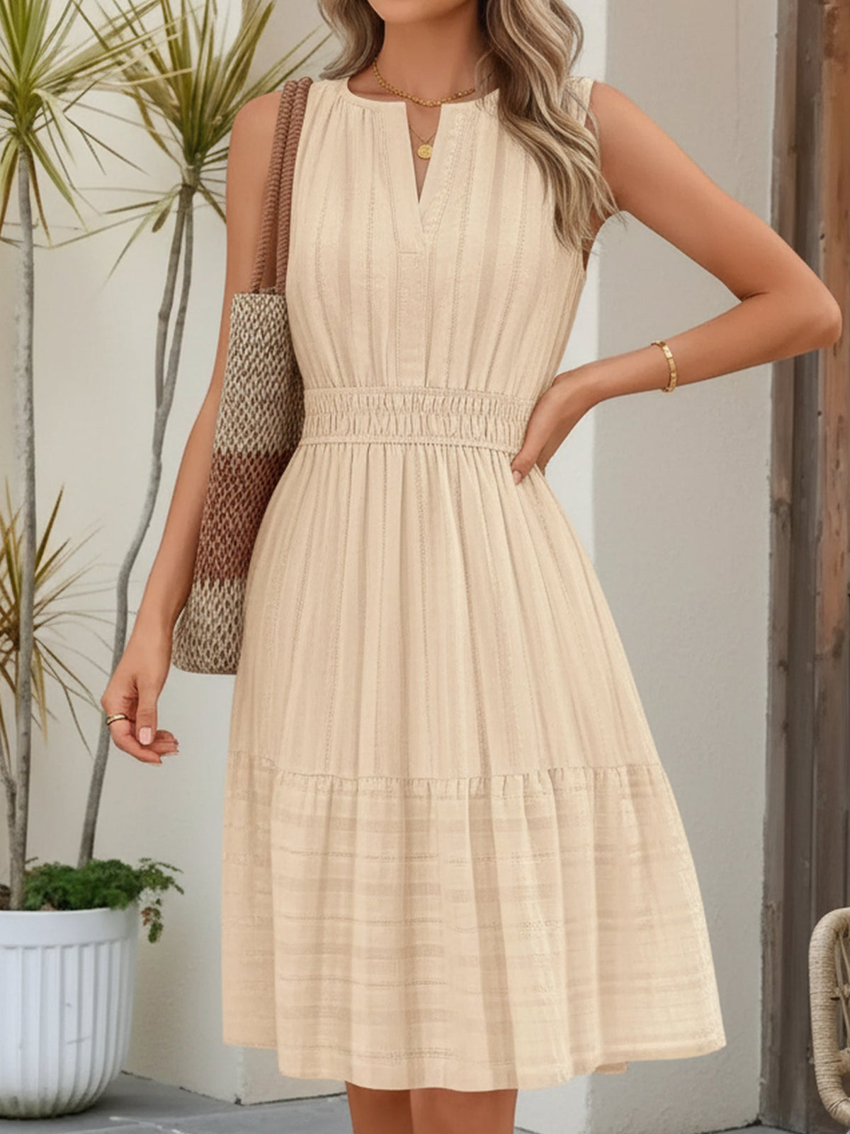 Cotton Notch Neck Sleeveless Smocked Above Knee Length A-Line Dress