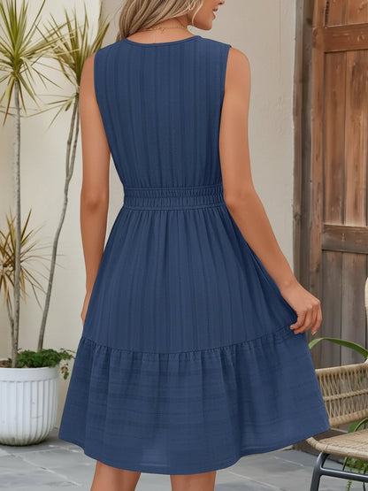 Cotton Notch Neck Sleeveless Smocked Above Knee Length A-Line Dress