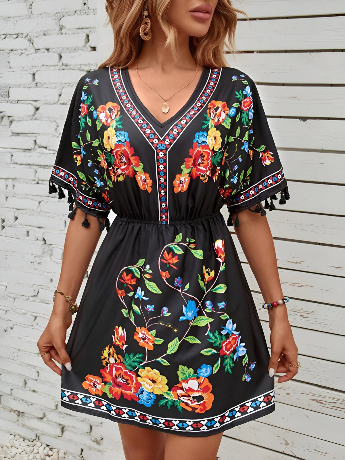 Floral V Neck Batwing Sleeves Tasseled Dress
