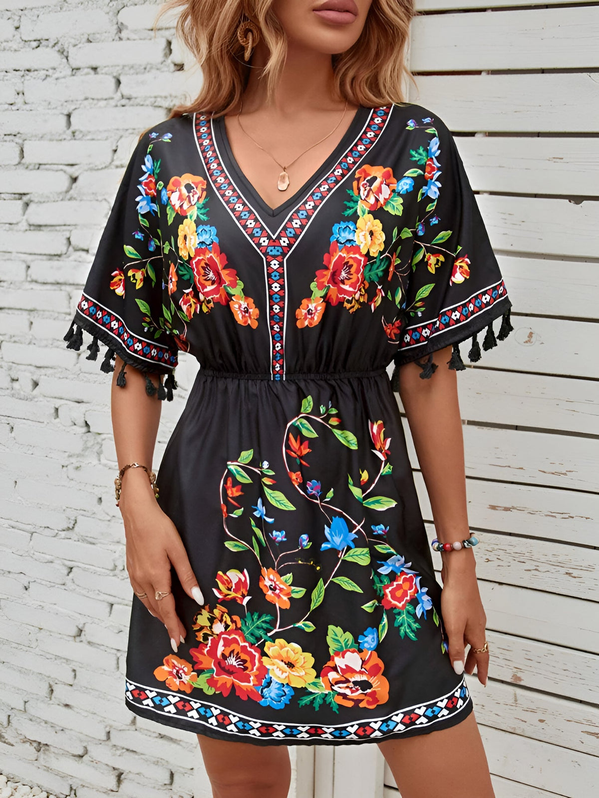 Floral V Neck Batwing Sleeves Tasseled Dress