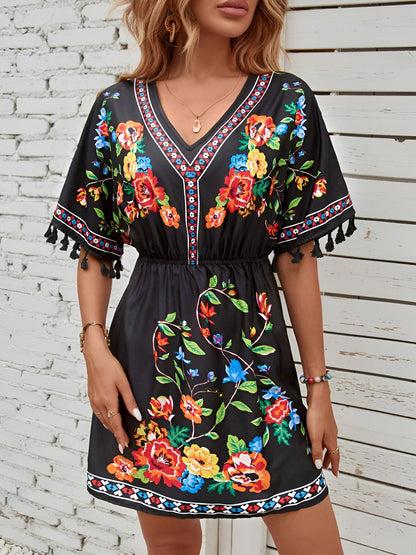 Floral V Neck Batwing Sleeves Tasseled Dress