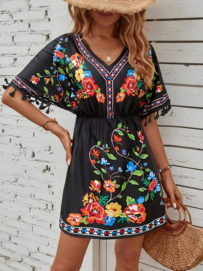 Floral V Neck Batwing Sleeves Tasseled Dress