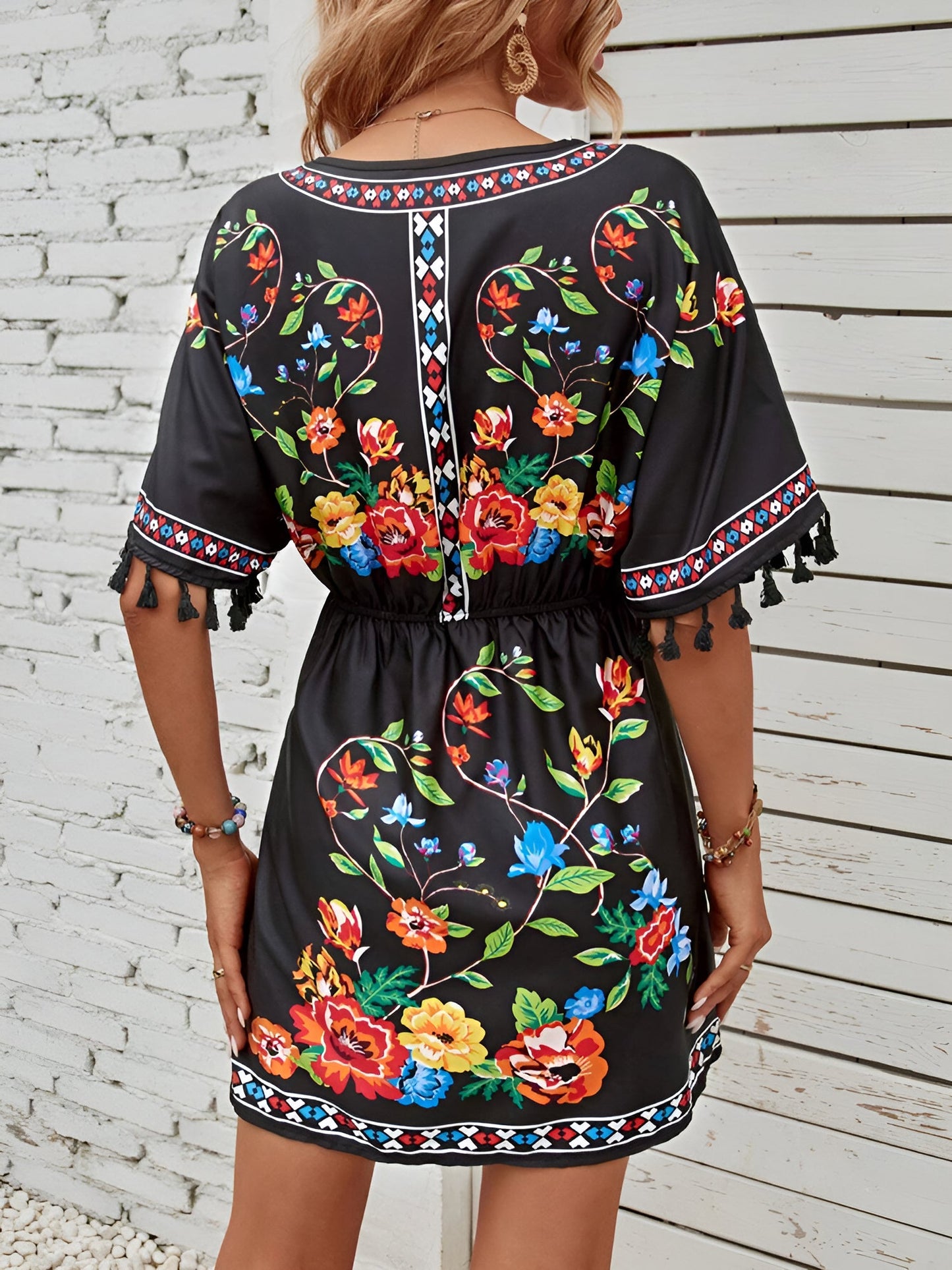 Floral V Neck Batwing Sleeves Tasseled Dress