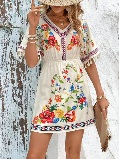 Floral V Neck Batwing Sleeves Tasseled Dress