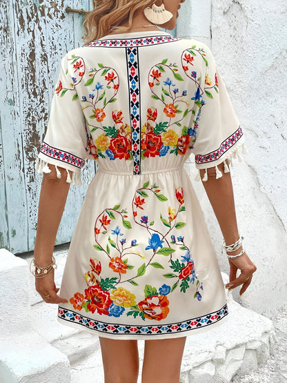 Floral V Neck Batwing Sleeves Tasseled Dress