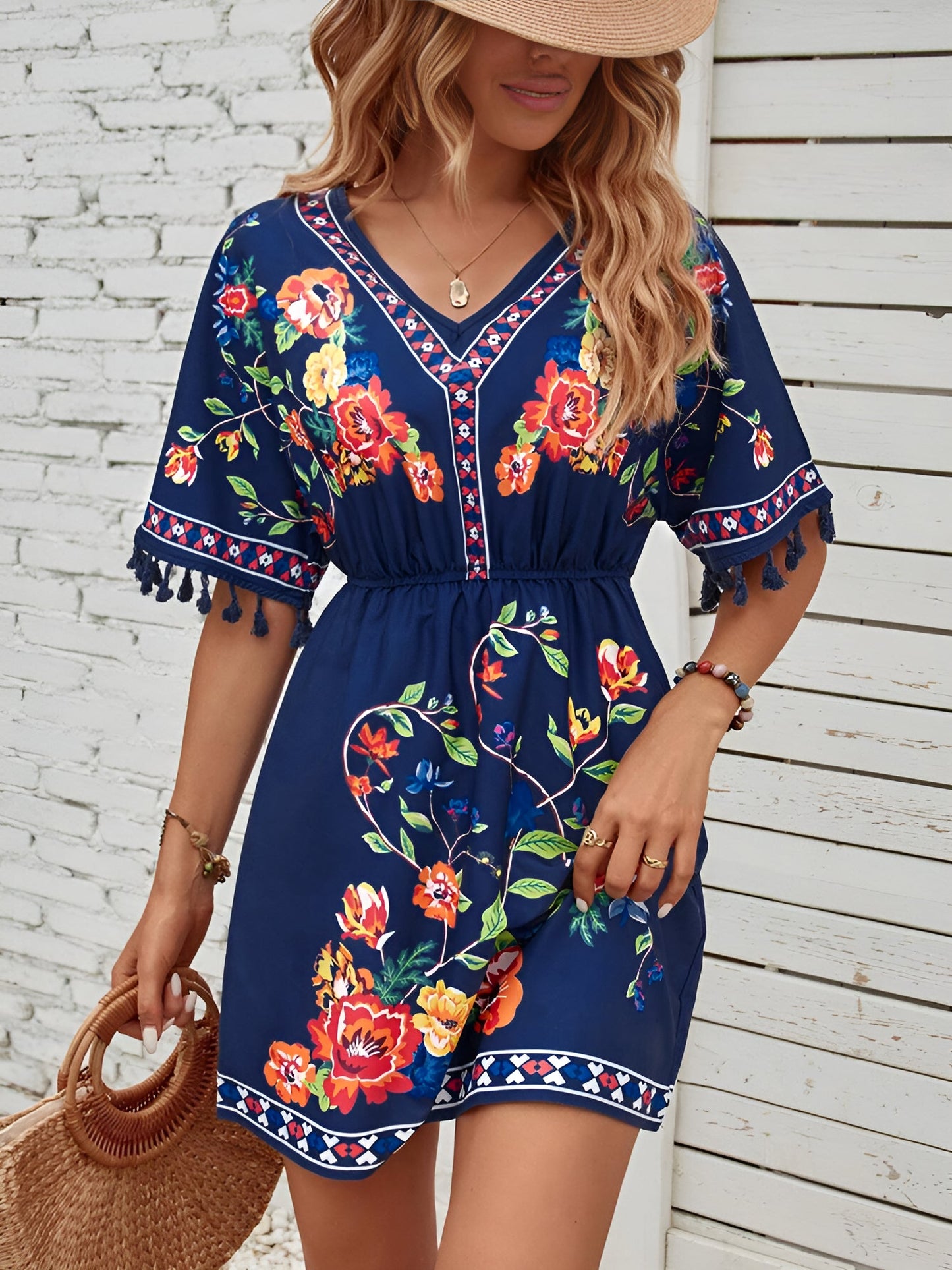 Floral V Neck Batwing Sleeves Tasseled Dress