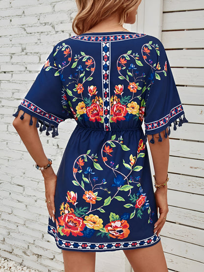 Floral V Neck Batwing Sleeves Tasseled Dress