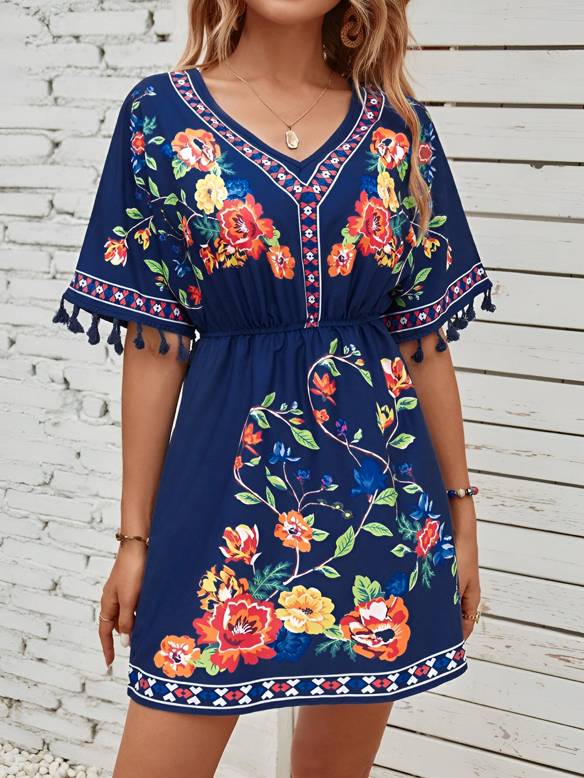 Floral V Neck Batwing Sleeves Tasseled Dress