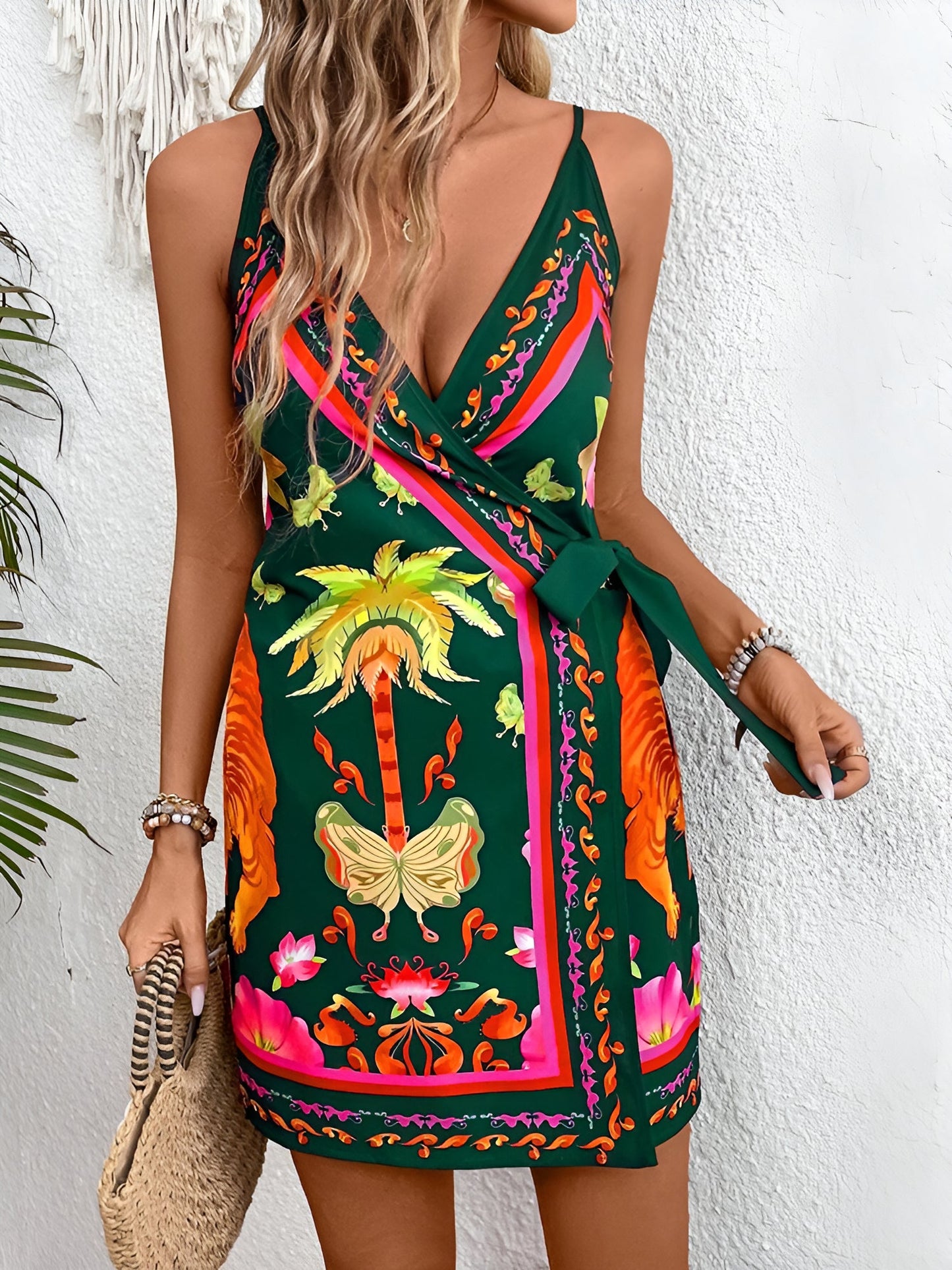 Spaghetti Strap Boho Floral Mini Wrap Dress
