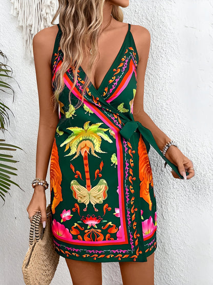 Spaghetti Strap Boho Floral Mini Wrap Dress