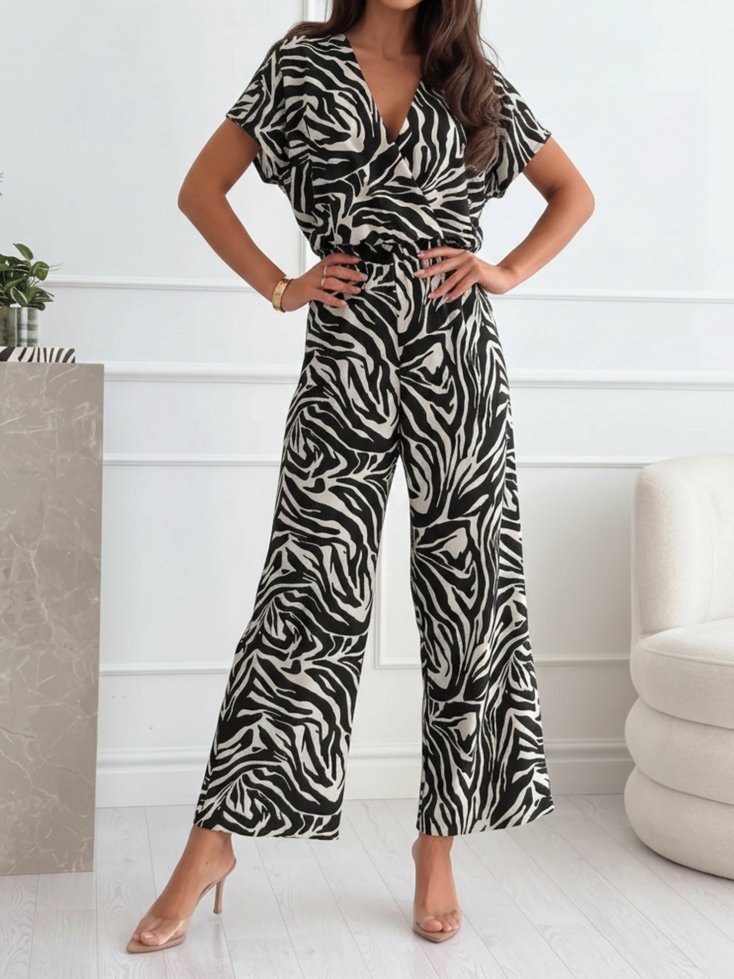 V Neck Leopard Print Pockets Straight Leg Jumpsuits