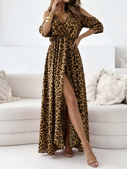 Leopard Print 3/4 Sleeves Cold Shoulder Slit Maxi Dress