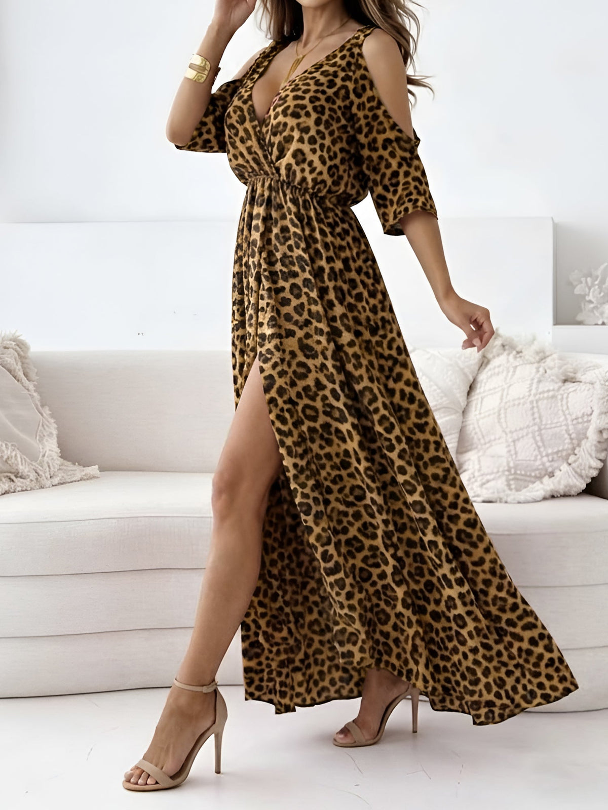 Leopard Print 3/4 Sleeves Cold Shoulder Slit Maxi Dress