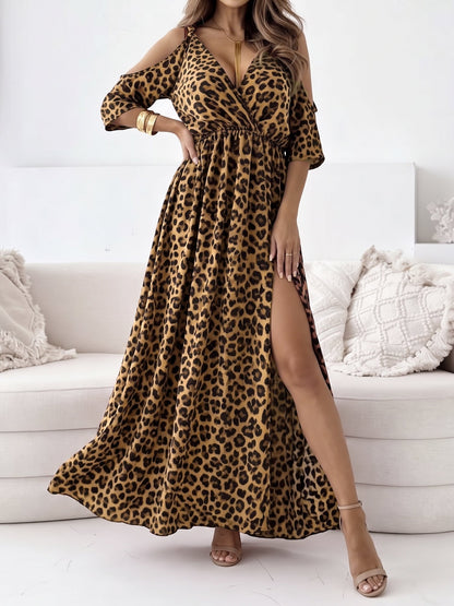 Leopard Print 3/4 Sleeves Cold Shoulder Slit Maxi Dress