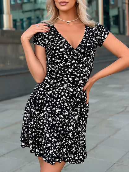 V Neck Short Sleeve Floral/Leopard Print Mini Dress
