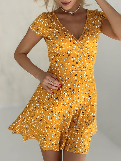V Neck Short Sleeve Floral/Leopard Print Mini Dress