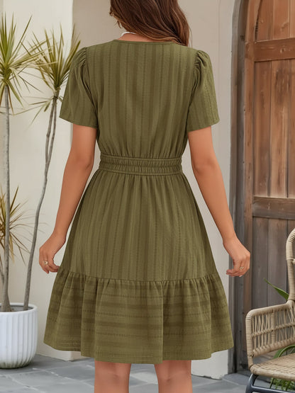 100% Cotton Notch Neck Puff Sleeve A-Line Tiered Dress