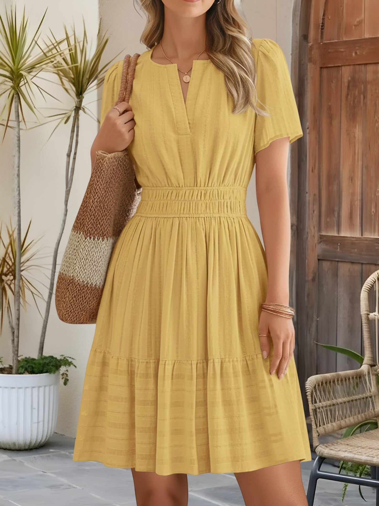 100% Cotton Notch Neck Puff Sleeve A-Line Tiered Dress