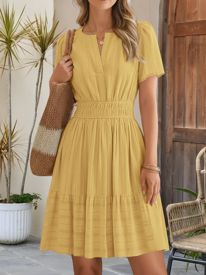 100% Cotton Notch Neck Puff Sleeve A-Line Tiered Dress